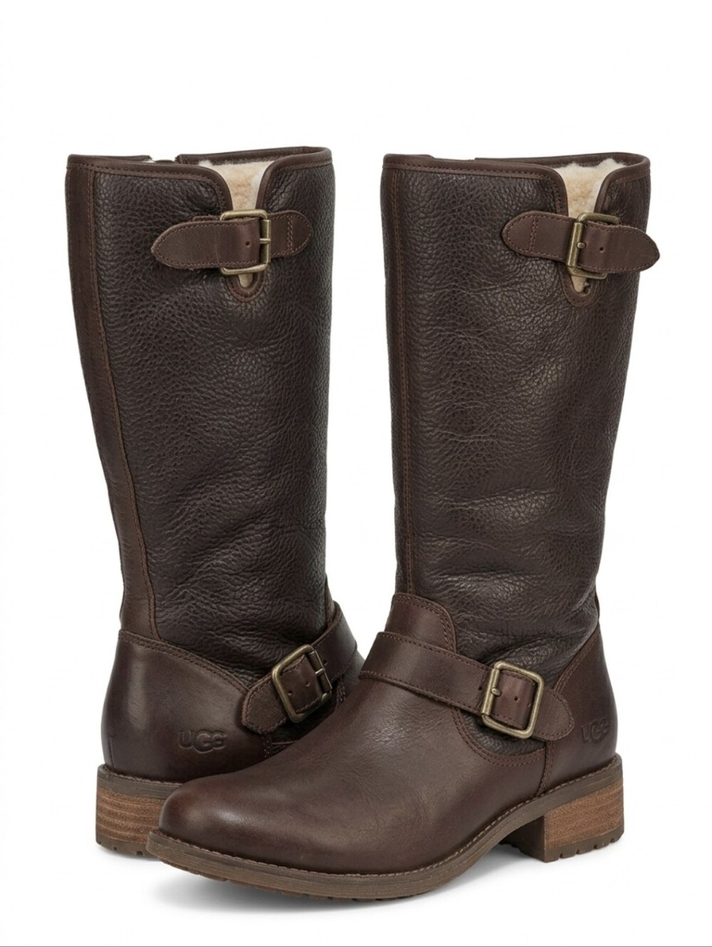 UGG Chancery Tall Moto Boots Leather Shearling Lined Sherpa Brown Size 7 Women